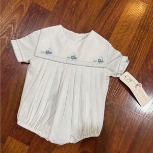 NWT Vtg Baby Boys Boutique Petit Ami White Pleated Train Bubble Romper Newborn